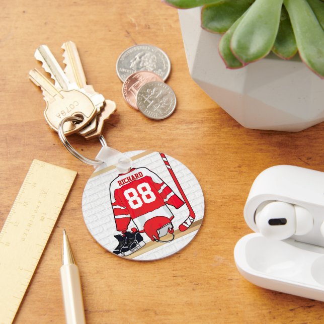 Personalized Red and White Ice Hockey Jersey Keychain (Desk)