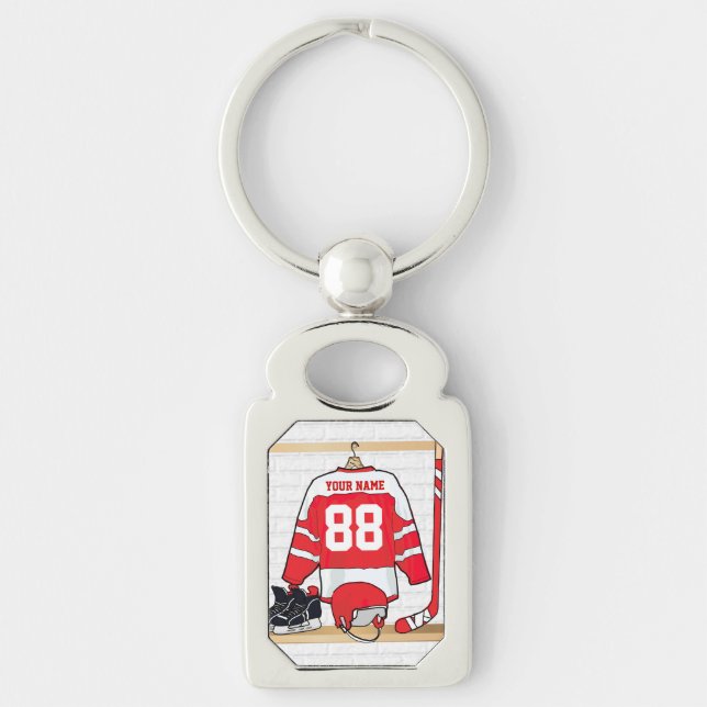 Personalized Red and White Ice Hockey Jersey Keychain (Front)