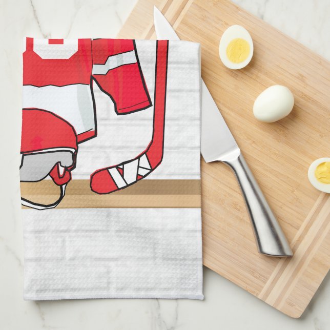 Personalized Red and White Ice Hockey Jersey Kitchen Towel (Quarter Fold)