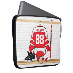 Personalized Red and White Ice Hockey Jersey Laptop Sleeve