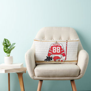 Personalized Red and White Ice Hockey Jersey Lumbar Pillow