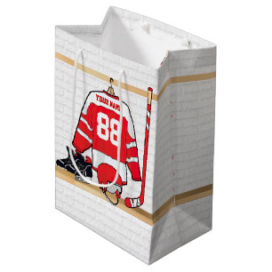 Personalized Red and White Ice Hockey Jersey Medium Gift Bag