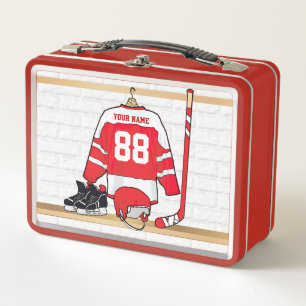 Personalized Red and White Ice Hockey Jersey Metal Lunch Box
