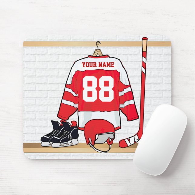Personalized Red and White Ice Hockey Jersey Mouse Pad (With Mouse)