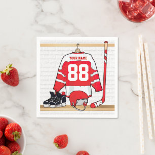 Personalized Red and White Ice Hockey Jersey Napkin