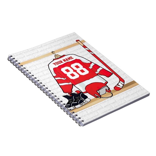 Personalized Red and White Ice Hockey Jersey Notebook (Right Side)