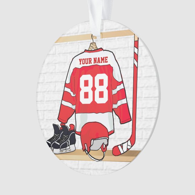 Personalized Red and White Ice Hockey Jersey Ornament (Front)