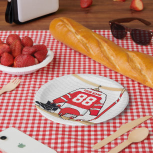 Personalized Red and White Ice Hockey Jersey Paper Plate