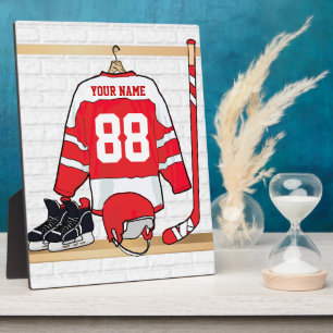 Personalized Red and White Ice Hockey Jersey Plaque