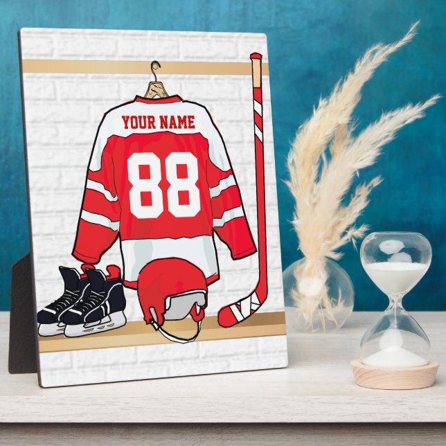 Personalized Red and White Ice Hockey Jersey Plaque (Side)