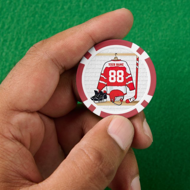 Personalized Red and White Ice Hockey Jersey Poker Chips (Hand)