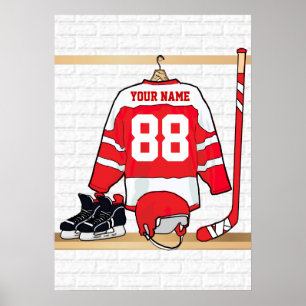 Personalized Red and White Ice Hockey Jersey Poster