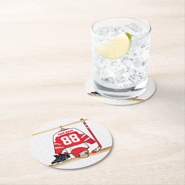 Personalized Red and White Ice Hockey Jersey Round Paper Coaster (Insitu)