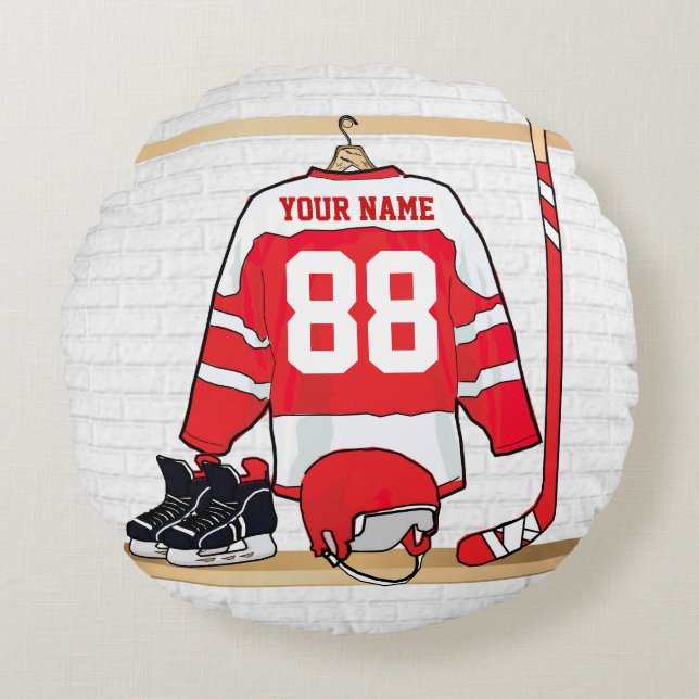 Personalized Red and White Ice Hockey Jersey Round Pillow (Front)