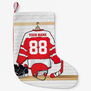 Personalized Red and White Ice Hockey Jersey Small Christmas Stocking