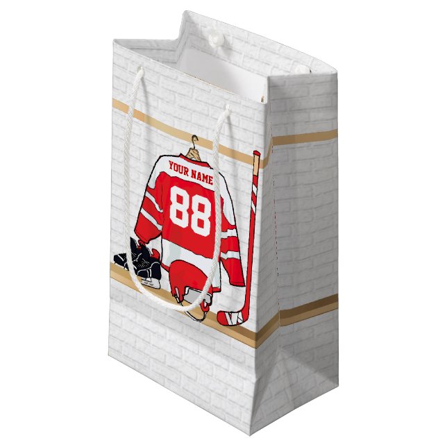 Personalized Red and White Ice Hockey Jersey Small Gift Bag (Front Angled)