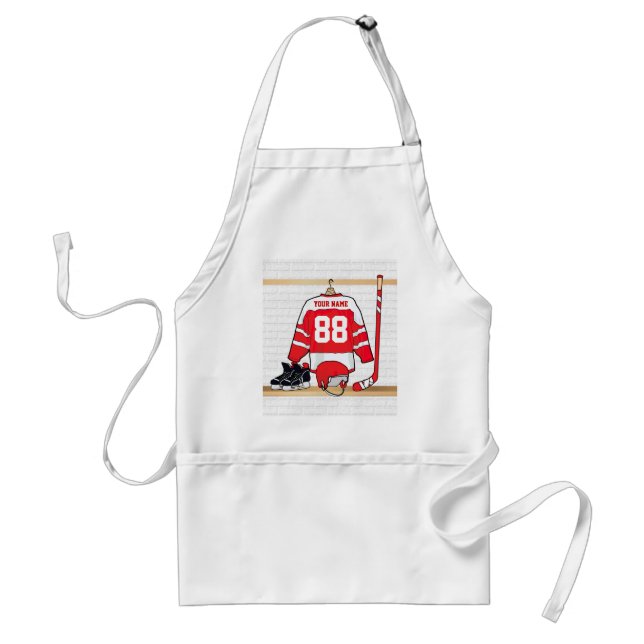Personalized Red and White Ice Hockey Jersey Standard Apron (Front)