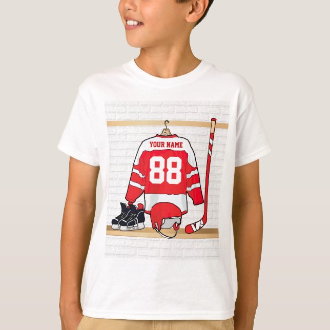 Personalized Red and White Ice Hockey Jersey T-Shirt (Front)