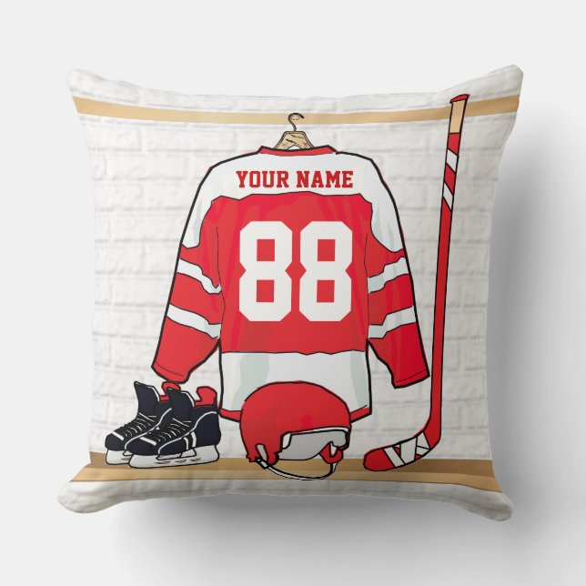 Personalized Red and White Ice Hockey Jersey Throw Pillow (Front)