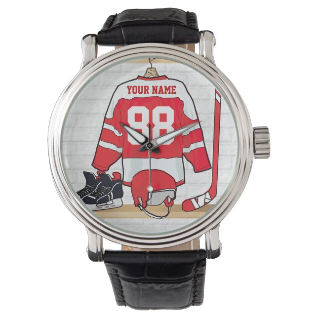 Personalized Red and White Ice Hockey Jersey Watch (Front)