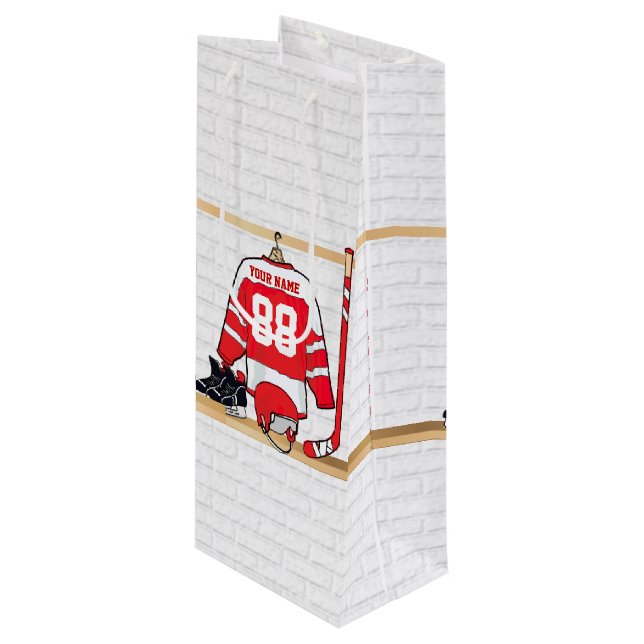Personalized Red and White Ice Hockey Jersey Wine Gift Bag (Front Angled)