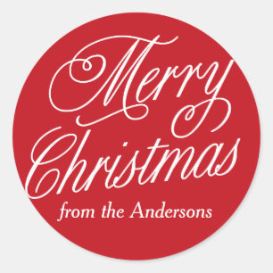 Personalized Red And White Merry Christmas Classic Round Sticker