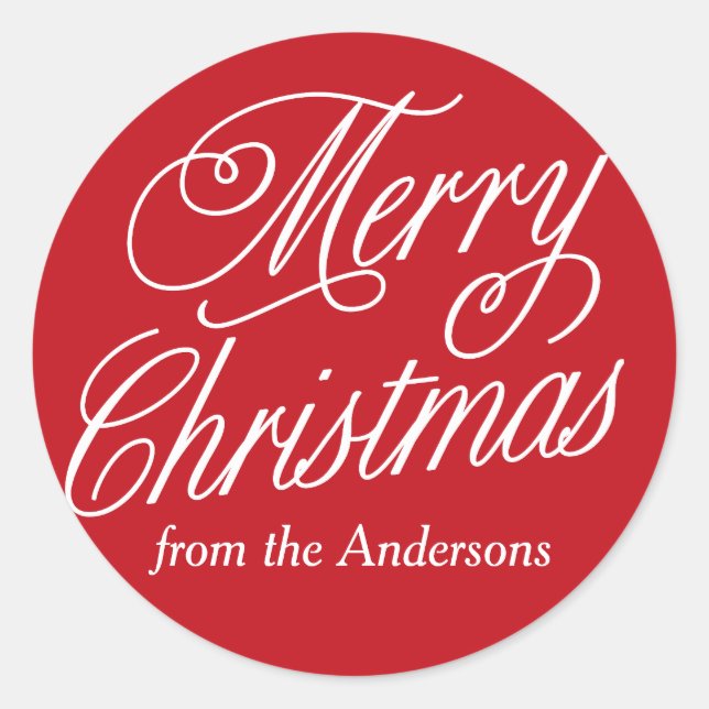 Personalized Red And White Merry Christmas Classic Round Sticker (Front)