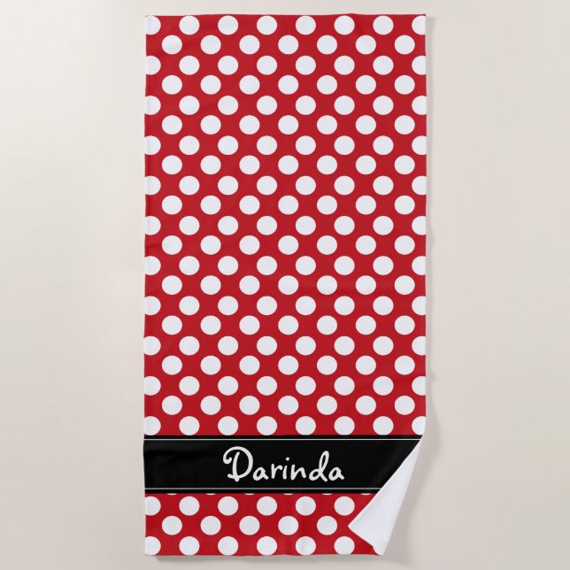Personalized Red and White Polka Dot Beach Towel (Front)