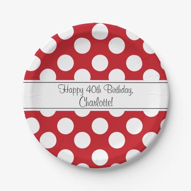 Personalized Red and White Polka Dot Paper Plates (Front)