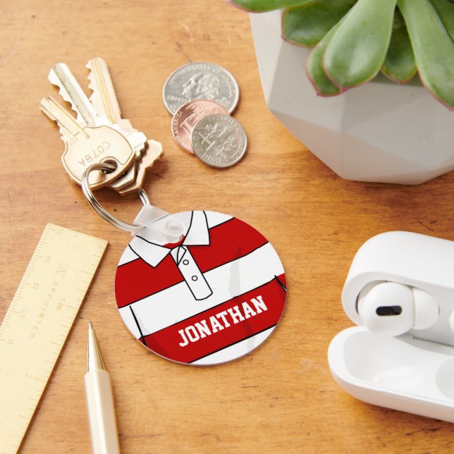 Personalized Red and White Rugby Jersey Keychain (Desk)