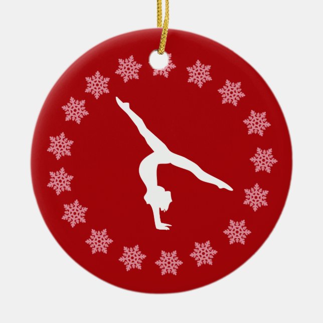 Personalized Red and White Snowflake Gymnastics Ceramic Ornament (Front)