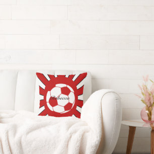 Personalized red and white soccer design throw pillow