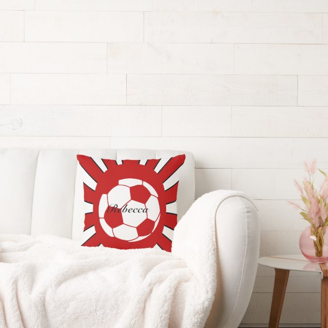 Personalized red and white soccer design throw pillow (Couch)