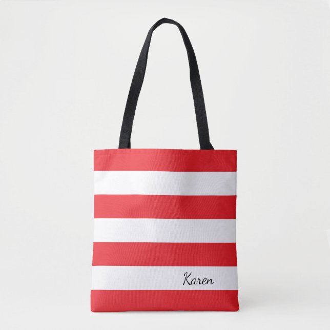 Personalized Red and White Striped Tote Bag (Front)