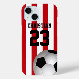 Personalized Red and White Stripes Soccer Ball iPhone 15 Case