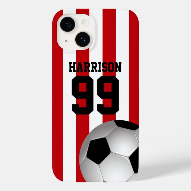 Personalized Red and White Stripes Soccer Ball Case-Mate iPhone Case (Back)