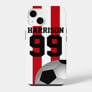 Personalized Red and White Stripes Soccer Ball iPhone 14 Case