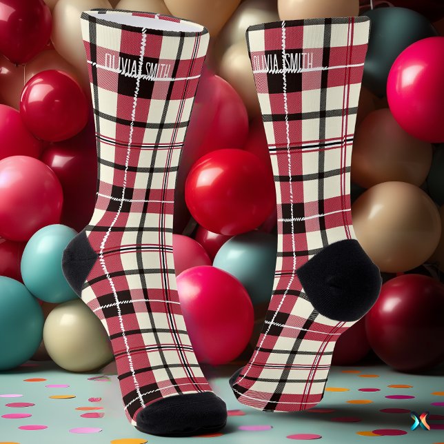 Personalized Red and White Tartan Plaid Custom Socks (Creator Uploaded)