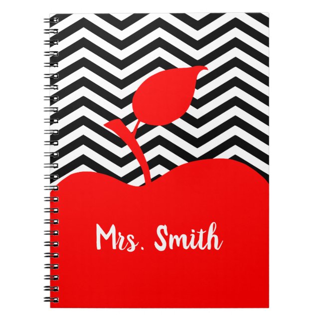 Personalized Red Apple Black and White Chevron Notebook (Front)