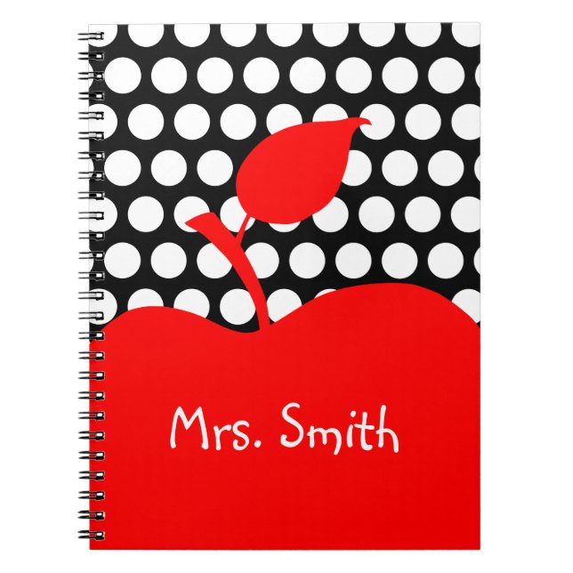 Personalized Red Apple Black and White Polka Dot Notebook (Front)