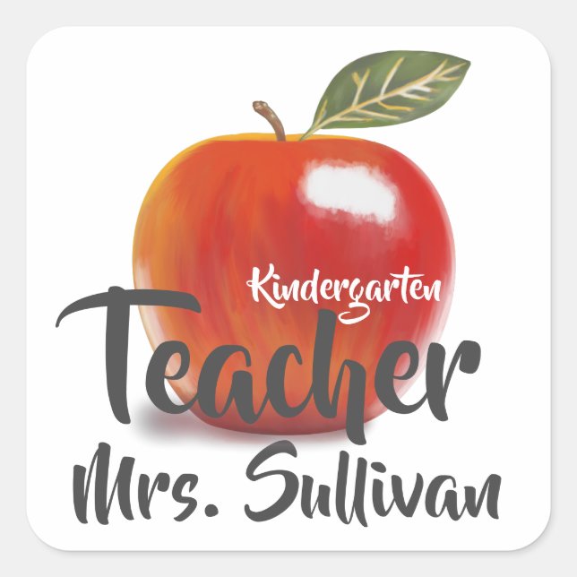 Personalized Red Apple Kindergarten Teacher Square Sticker (Front)
