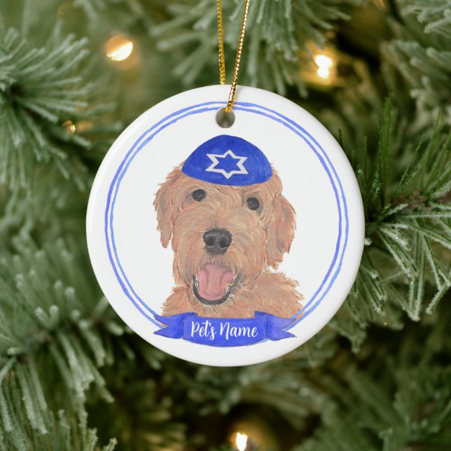 Personalized Red Apricot Gold Doodle Dog Hanukkah Ceramic Ornament (Tree)