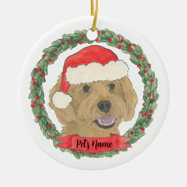 Personalized red apricot golden doodle Christmas Ceramic Ornament (Front)