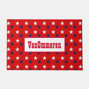 Personalized RED, Background, WHITE & BLUE Stars Doormat