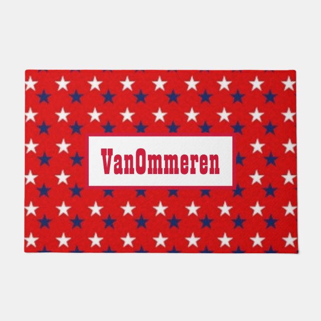 Personalized RED, Background, WHITE & BLUE Stars Doormat (Front)