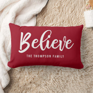 Personalized Red Believe Script Christmas Pillow