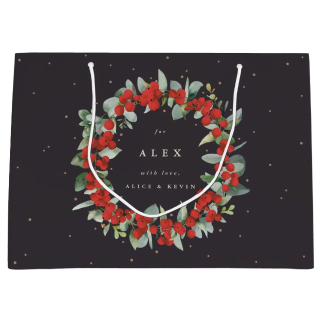Personalized Red Berry+Eucalyptus Christmas Large Gift Bag (Front)