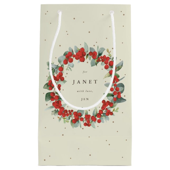 Personalized Red Berry+Eucalyptus Christmas Small Gift Bag (Front)