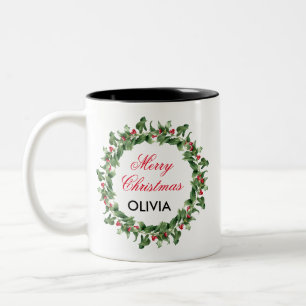 Personalized Red Berry Holly Christmas Two-Tone Coffee Mug