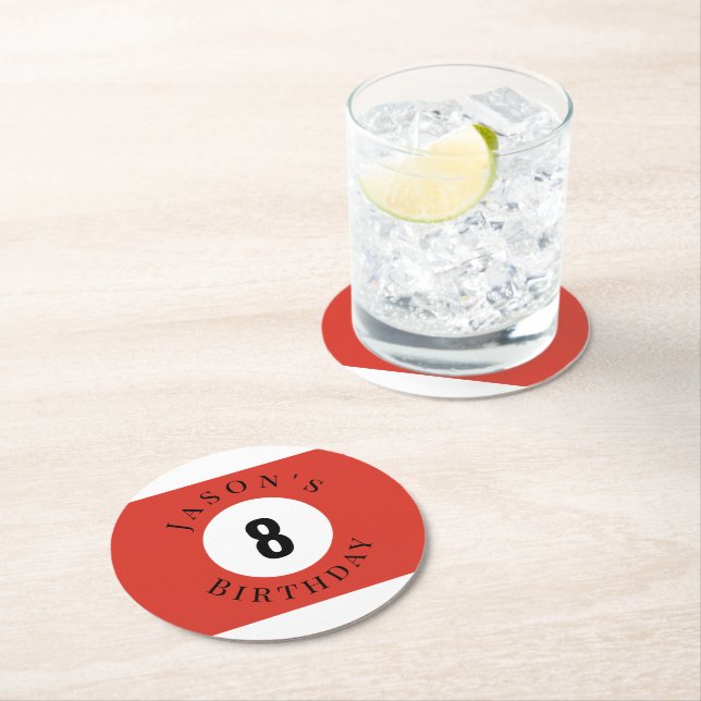 Personalized Red Billiard Pool Ball Birthday  Round Paper Coaster (Insitu)
